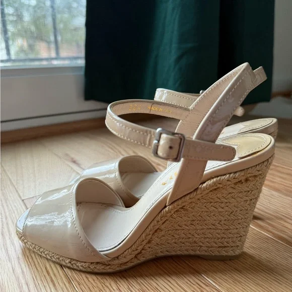 Prada Patent Leather Nude Espadrille Wedge Sandals Size 36.5 US 6.5 - Picture 3 of 9